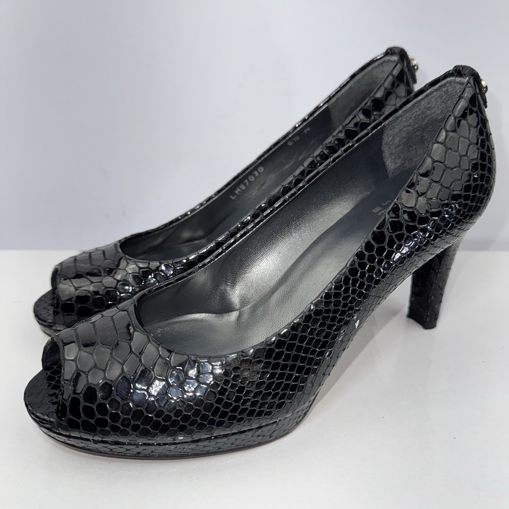 Stuart Weitzman Black Python Embossed Leather Peep Toe Pumps Size 6.5 M